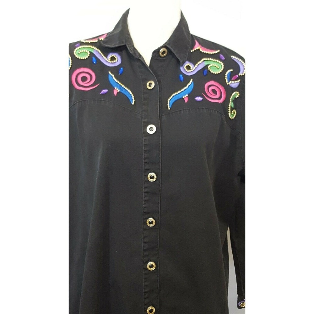 Vintage 80s Womens Shirt L Top Long Sleeve Button Up Gold Beads Embroidered